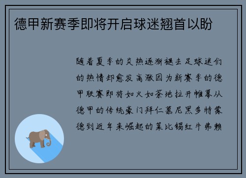 德甲新赛季即将开启球迷翘首以盼